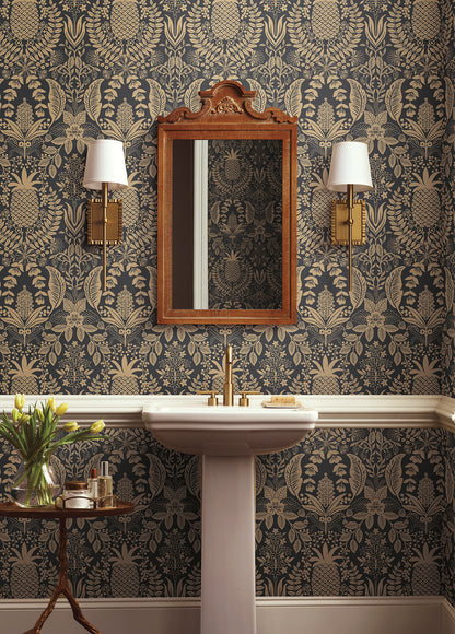 York Wallcoverings Rifle Paper Co. 3rd Edition Pineapple Damask Black Wallpaper Traditional Novelty Blacks   - RF7483