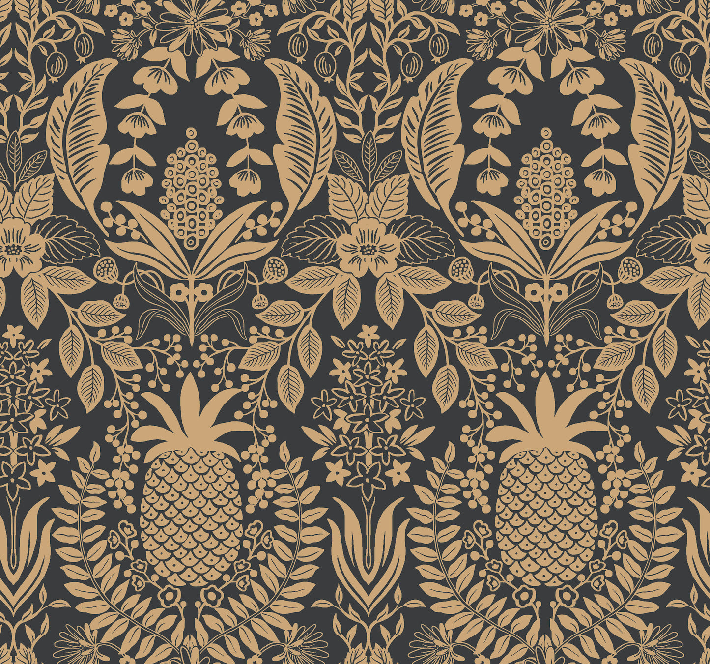 York Wallcoverings Rifle Paper Co. 3rd Edition Pineapple Damask Black Wallpaper Traditional Novelty Blacks   - RF7483