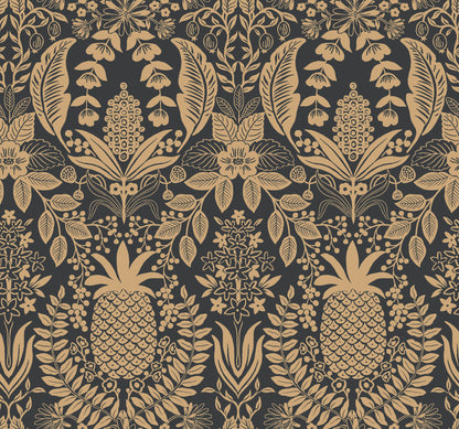 York Wallcoverings Rifle Paper Co. 3rd Edition Pineapple Damask Black Wallpaper Traditional Novelty Blacks   - RF7483