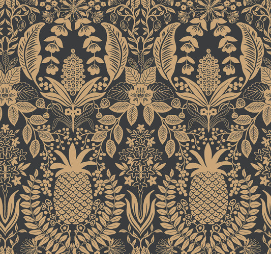 York Wallcoverings Rifle Paper Co. 3rd Edition Pineapple Damask Black Wallpaper Traditional Novelty Blacks   - RF7483