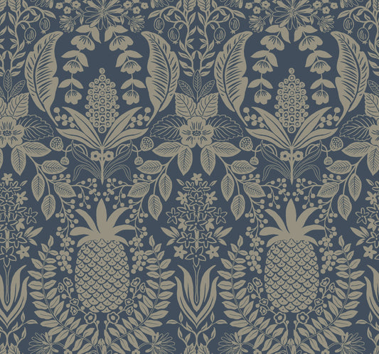 York Wallcoverings Rifle Paper Co. 3rd Edition Novelty Pineapple Damask Traditional Blues   - RF7486