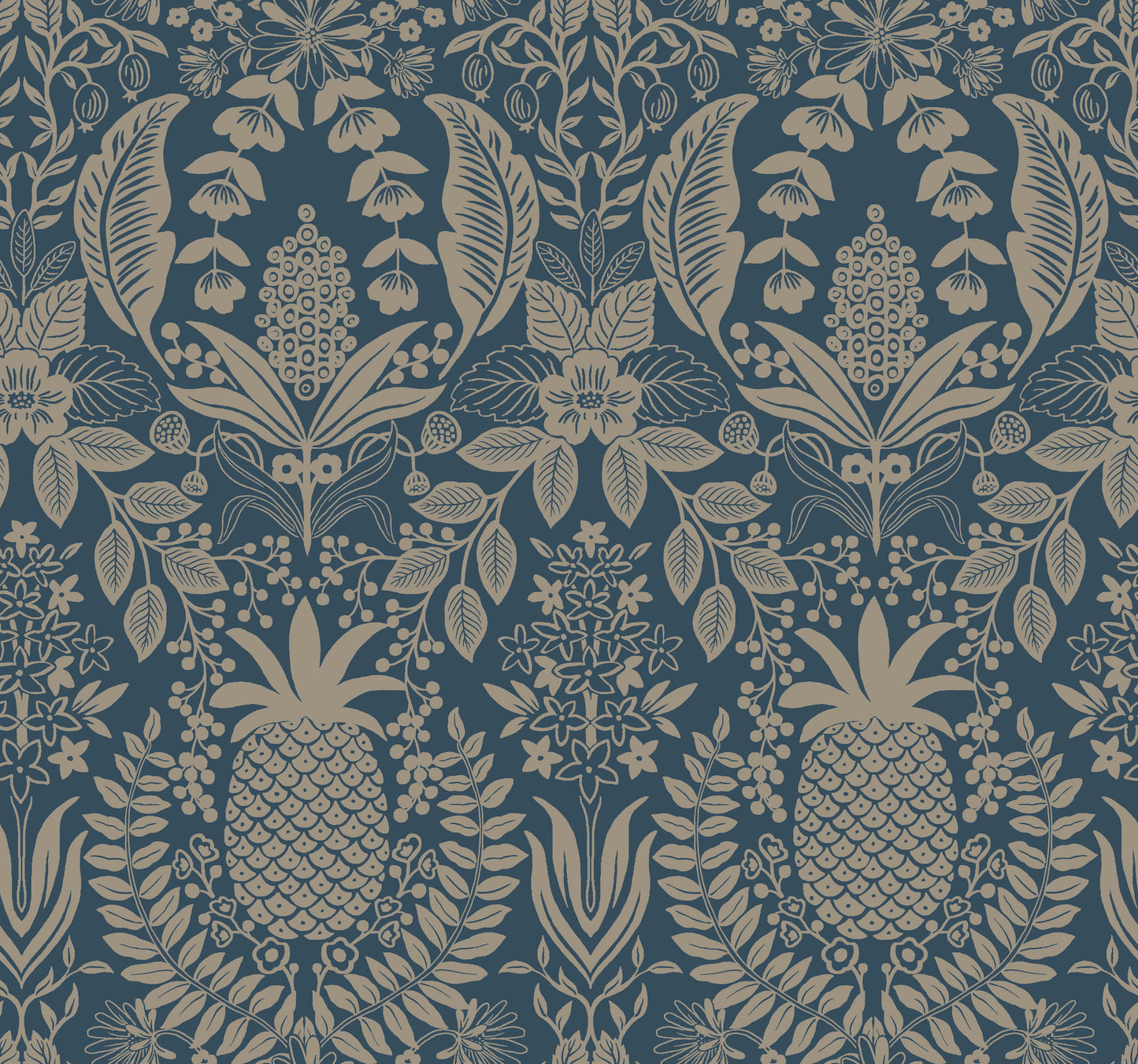 York Wallcoverings Rifle Paper Co. 3rd Edition Pineapple Damask Navy Wallpaper Traditional Novelty Blues   - RF7486