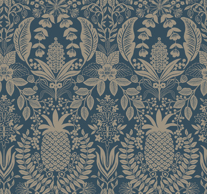 York Wallcoverings Rifle Paper Co. 3rd Edition Pineapple Damask Navy Wallpaper Traditional Novelty Blues   - RF7486