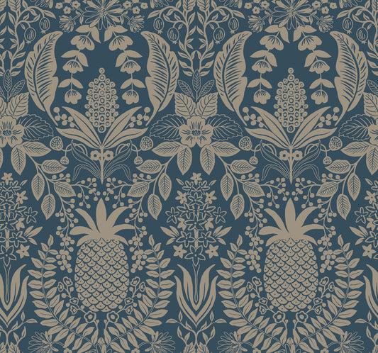 York Wallcoverings Rifle Paper Co. 3rd Edition Pineapple Damask Navy Wallpaper Traditional Novelty Blues   - RF7486