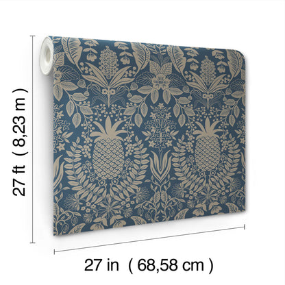 York Wallcoverings Rifle Paper Co. 3rd Edition Pineapple Damask Navy Wallpaper Traditional Novelty Blues   - RF7486