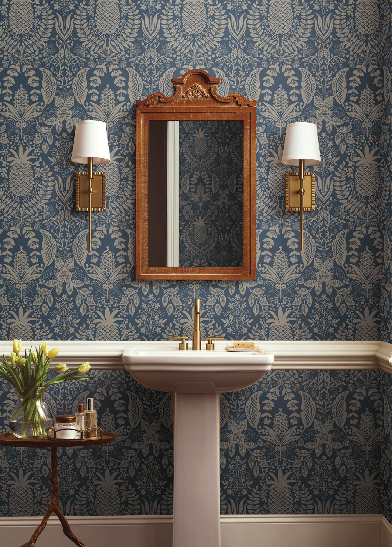 York Wallcoverings Rifle Paper Co. 3rd Edition Pineapple Damask Navy Wallpaper Traditional Novelty Blues   - RF7486
