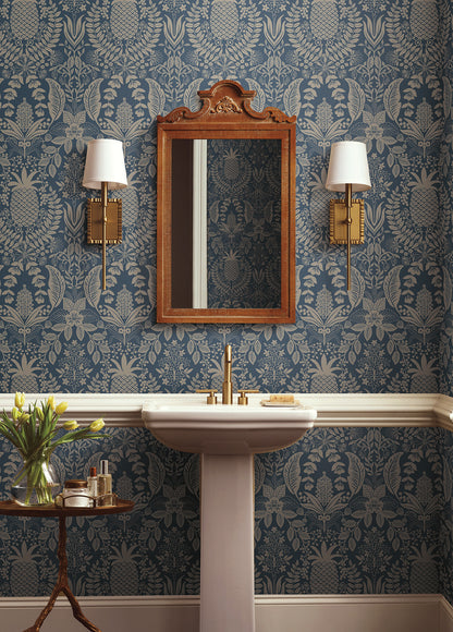 York Wallcoverings Rifle Paper Co. 3rd Edition Pineapple Damask Navy Wallpaper Traditional Novelty Blues   - RF7486