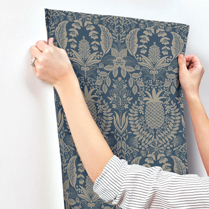 York Wallcoverings Rifle Paper Co. 3rd Edition Pineapple Damask Navy Wallpaper Traditional Novelty Blues   - RF7486