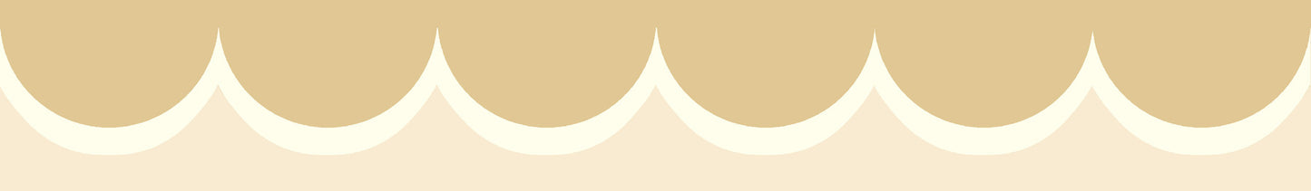 Beige trim with tan scallop borders and white outlines on a pale cream backdrop