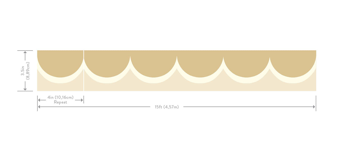 Yellow-tinged beige wallpaper border with cream scallop arches, 3.5in tall, 4in repeat, 15ft long strip.