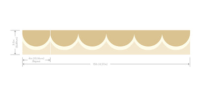 Yellow-tinged beige wallpaper border with cream scallop arches, 3.5in tall, 4in repeat, 15ft long strip.