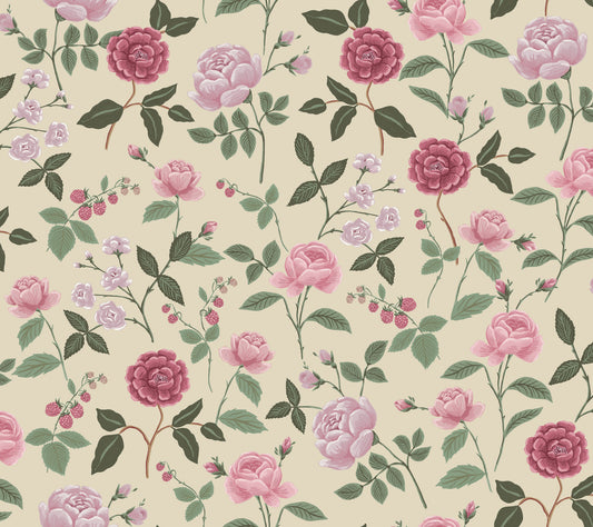 York Wallcoverings Rifle Paper Co. 3rd Edition Roses Linen Wallpaper Whimsical Botanical Pinks   - RF7541