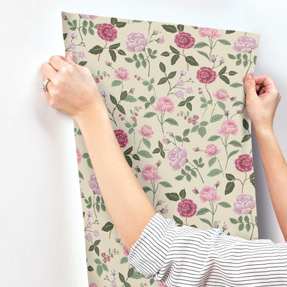York Wallcoverings Rifle Paper Co. 3rd Edition Roses Linen Wallpaper Whimsical Botanical Pinks   - RF7541