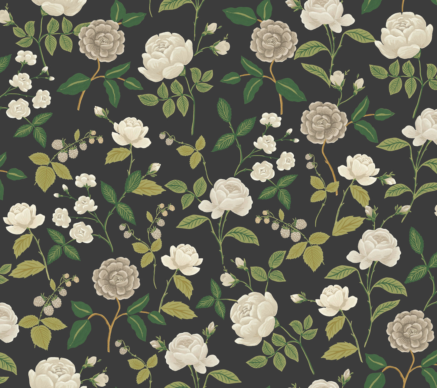 York Wallcoverings Rifle Paper Co. 3rd Edition Roses Black Wallpaper Whimsical Botanical Greys   - RF7542