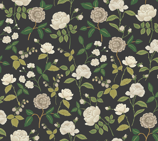 York Wallcoverings Rifle Paper Co. 3rd Edition Roses Black Wallpaper Whimsical Botanical Greys   - RF7542