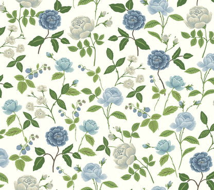 York Wallcoverings Rifle Paper Co. 3rd Edition Botanical Roses Whimsical Blues   - RF7543