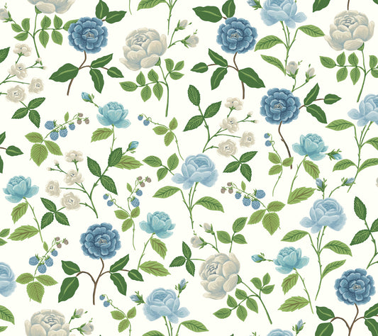 York Wallcoverings Rifle Paper Co. 3rd Edition Roses Blue Wallpaper Whimsical Botanical Blues   - RF7543