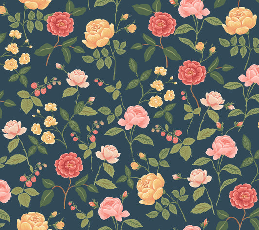 York Wallcoverings Rifle Paper Co. 3rd Edition Roses Navy Wallpaper Whimsical Botanical Blues   - RF7544