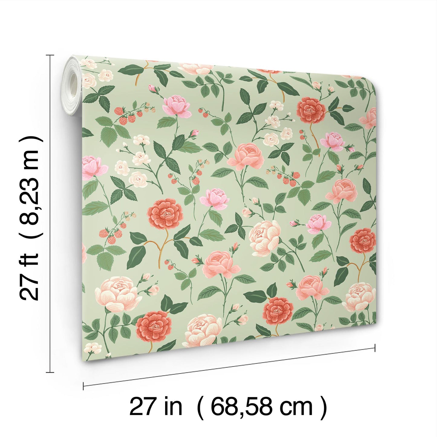York Wallcoverings Rifle Paper Co. 3rd Edition Roses Mint Wallpaper Whimsical Botanical Pinks   - RF7545