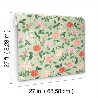 York Wallcoverings Rifle Paper Co. 3rd Edition Roses Mint Wallpaper Whimsical Botanical Pinks   - RF7545