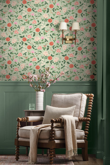 York Wallcoverings Rifle Paper Co. 3rd Edition Roses Mint Wallpaper Whimsical Botanical Pinks   - RF7545