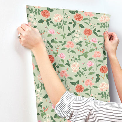 York Wallcoverings Rifle Paper Co. 3rd Edition Roses Mint Wallpaper Whimsical Botanical Pinks   - RF7545