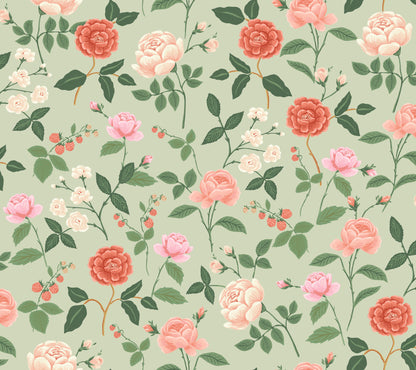 York Wallcoverings Rifle Paper Co. 3rd Edition Roses Mint Wallpaper Whimsical Botanical Pinks   - RF7545