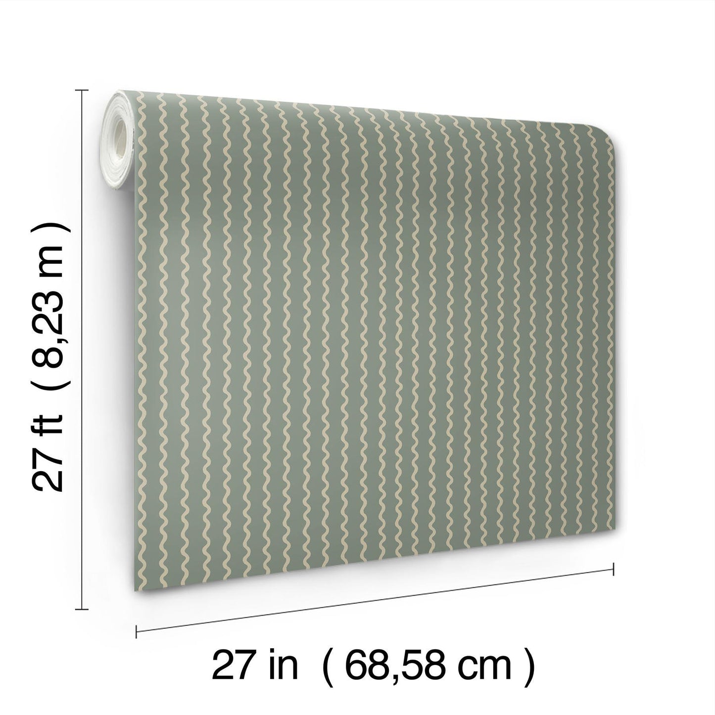 Wallpaper roll with beige wavy stripe pattern on sage-green background, 27 ft long by 27 in wide.