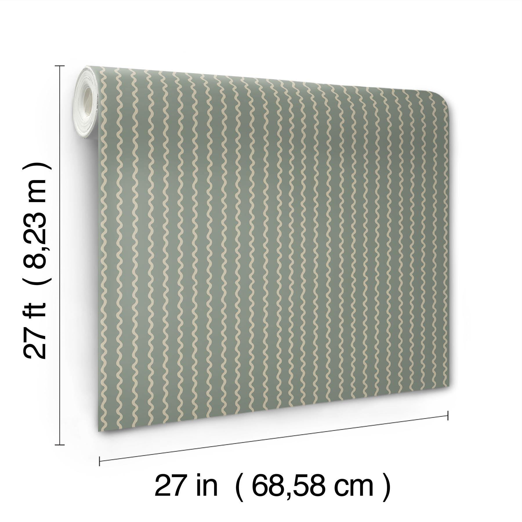 Wallpaper roll with beige wavy stripe pattern on sage-green background, 27 ft long by 27 in wide.