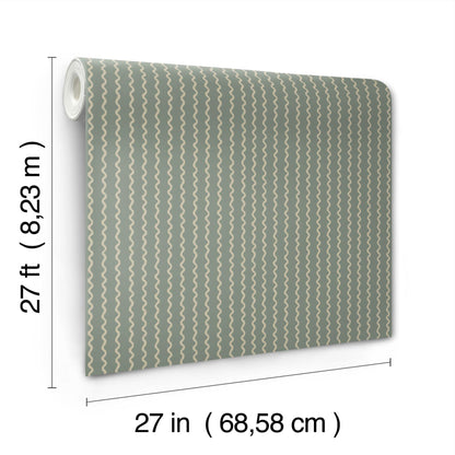 Wallpaper roll with beige wavy stripe pattern on sage-green background, 27 ft long by 27 in wide.