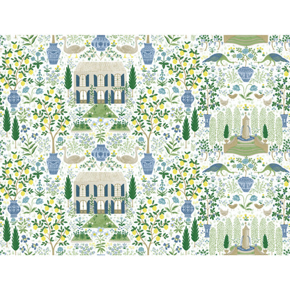 Whimsical wallpaper pattern featuring blue villa arches, fountains, urns, and leafy yellow-green foliage.