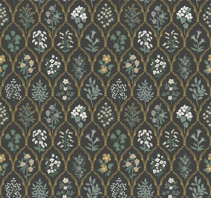 York Wallcoverings York Wallcoverings Rifle Paper Co. Hawthorne Black & Cream Wallpaper Botanical Botanical Black & Cream   - RI5133