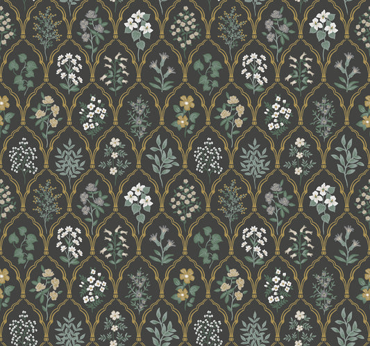 York Wallcoverings Rifle Paper Co. Hawthorne Black and Cream Wallpaper  Botanical Blacks   - RI5133