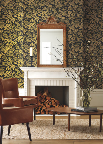York Wallcoverings York Wallcoverings Rifle Paper Co. Canopy Gold & Black Wallpaper Botanical Botanical Gold & Black   - RI5139