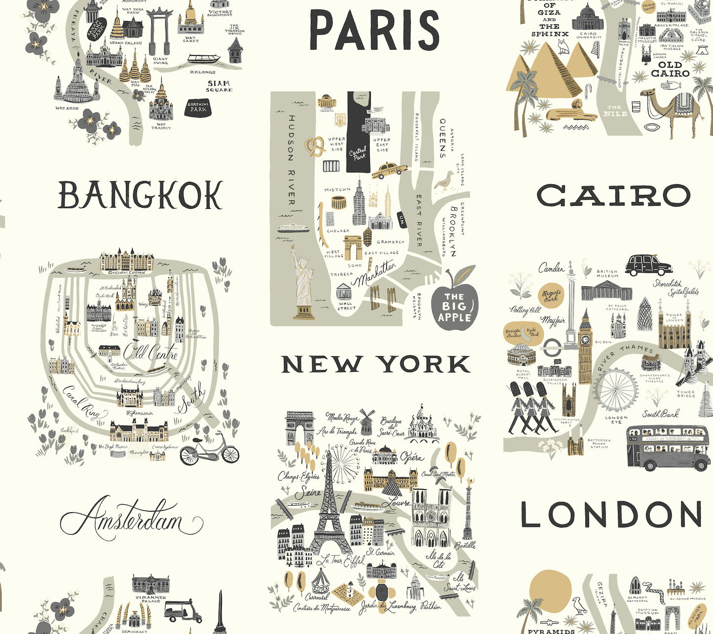 Grey & gold travel-map wallpaper pattern with vintage city landmarks (Paris, New York, London, Bangkok, Cairo, Amsterdam).