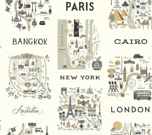 York Wallcoverings Rifle Paper Co. City Maps Grey and Gold Wallpaper  Modern and Transitional Greys   - RI5161