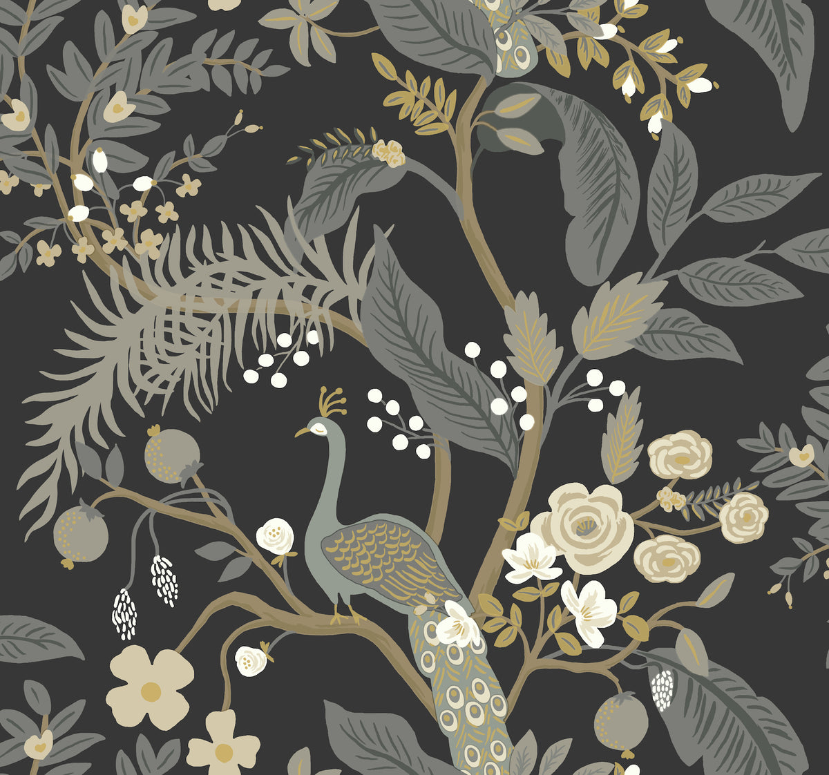 York Wallcoverings Rifle Paper Co. Peacock Black Wallpaper Animals Bla ...