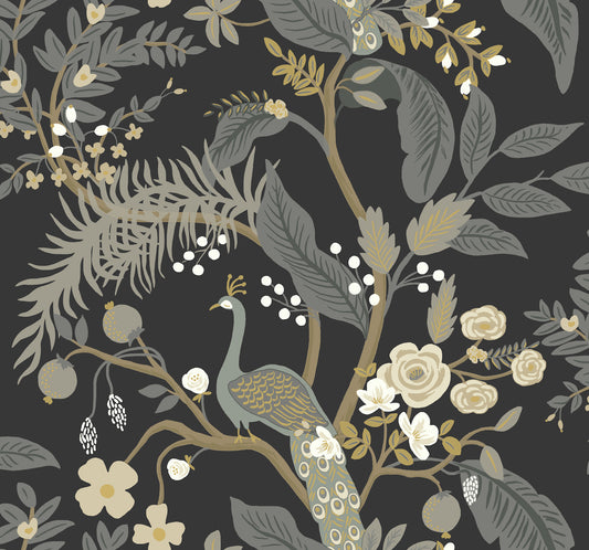 York Wallcoverings Rifle Paper Co. Peacock Black Wallpaper  Animals Blacks   - RI5170
