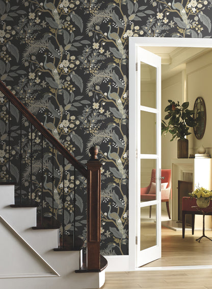 York Wallcoverings Rifle Paper Co. Peacock Black Wallpaper  Animals Blacks   - RI5170