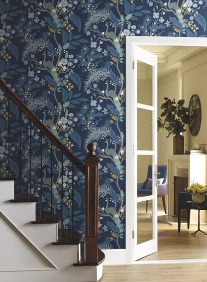 York Wallcoverings Rifle Paper Co. Peacock Navy Wallpaper  Animals Blues   - RI5172