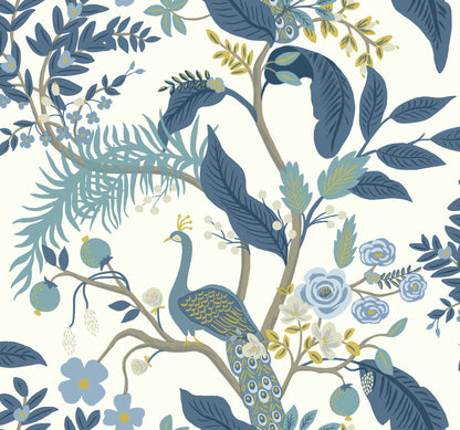 York Wallcoverings York Wallcoverings Rifle Paper Co. Peacock Blue & White Wallpaper Animals Animals Blue & White   - RI5173