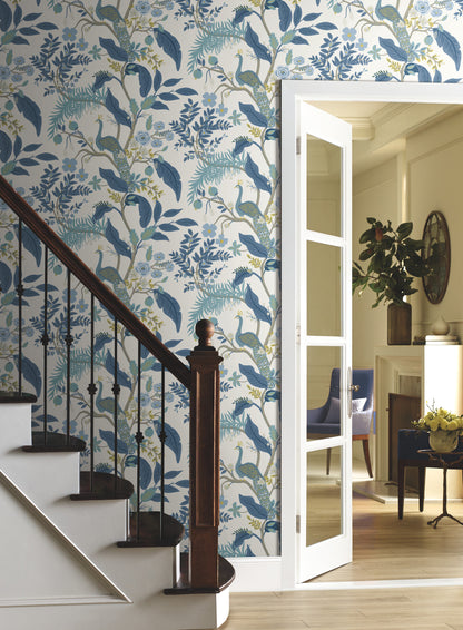 York Wallcoverings Rifle Paper Co. Peacock Blue and White Wallpaper  Animals Blues   - RI5173