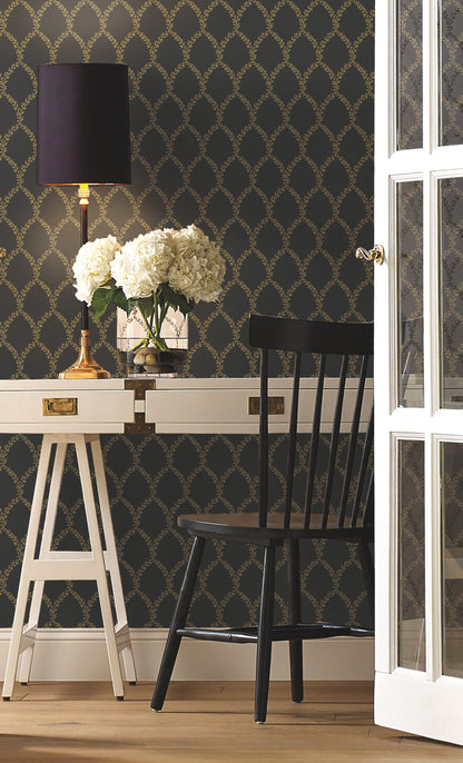 York Wallcoverings York Wallcoverings Rifle Paper Co. Laurel Gold & Black Wallpaper Botanical Botanical Gold & Black   - RI5177