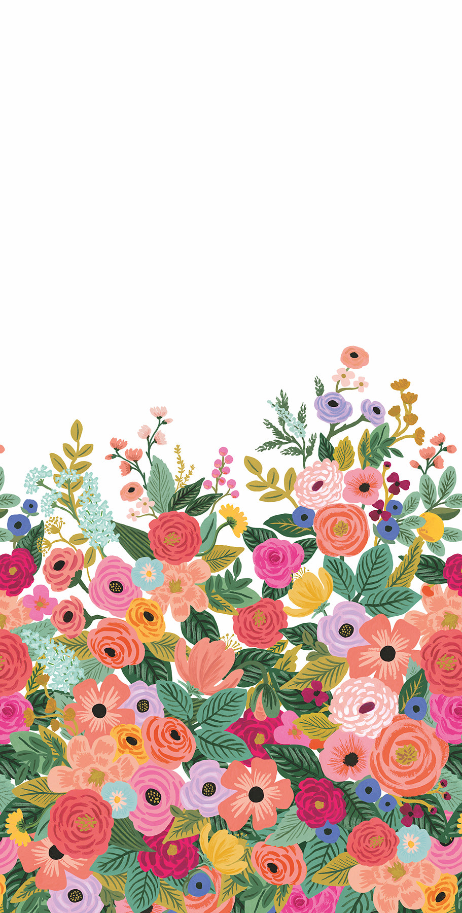 Whimsical pink floral mural featuring roses, daisies and green leaves on a white background.