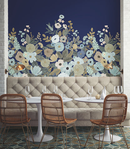 York Wallcoverings RoomMates Garden Party Navy Wall Mural Whimsical Florals Blues   - RI5191M