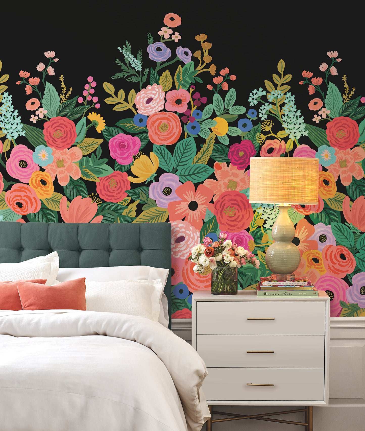 York Wallcoverings RoomMates Garden Party Black Wall Mural Whimsical Florals Blacks   - RI5192M