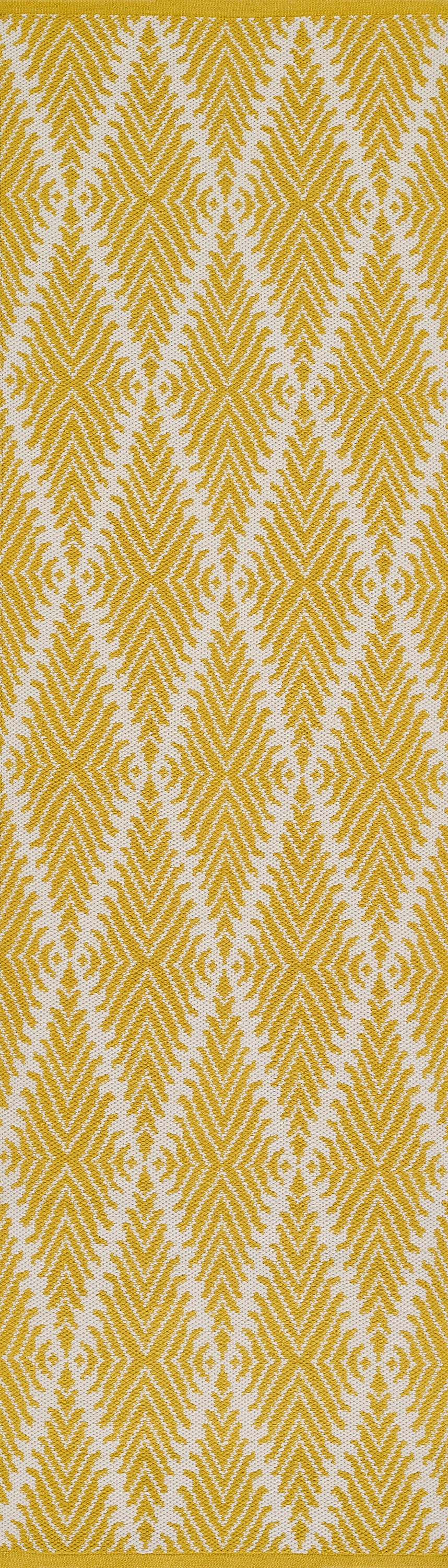 Yellow & white chevron diamond pattern rug runner, bold geometric design, 2' x 8'.