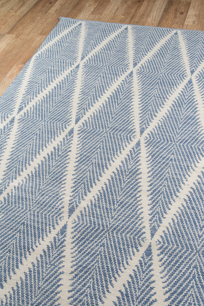 Rectangular blue & white rug with diagonal chevron pattern (3'6" x 5'6") on wooden floor.