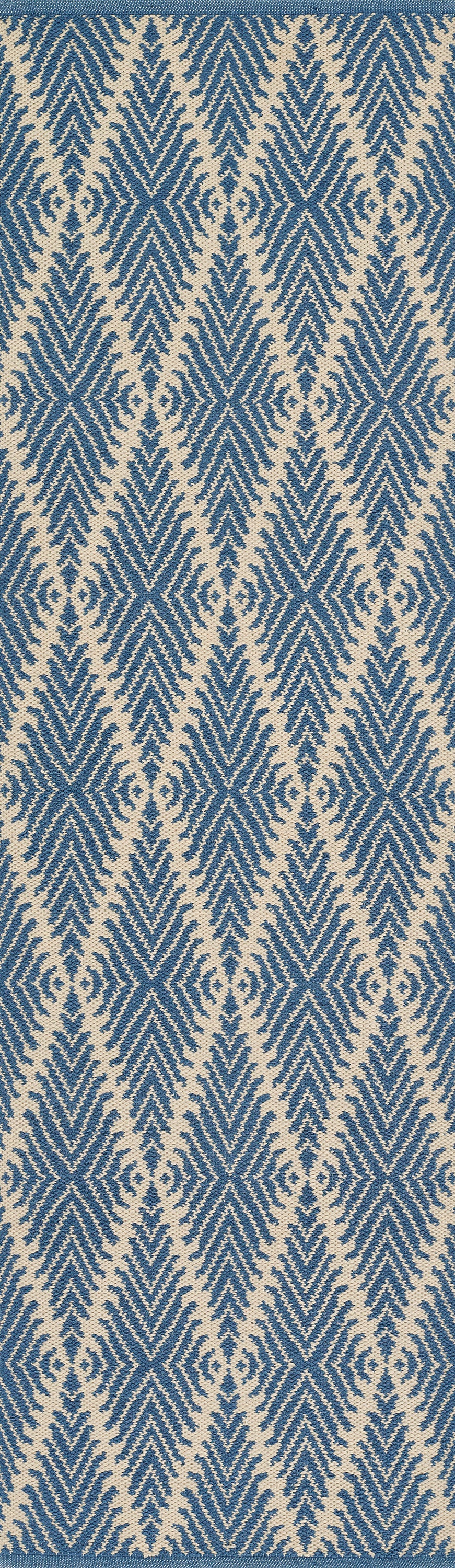 Blue and beige chevron diamond woven rug pattern.