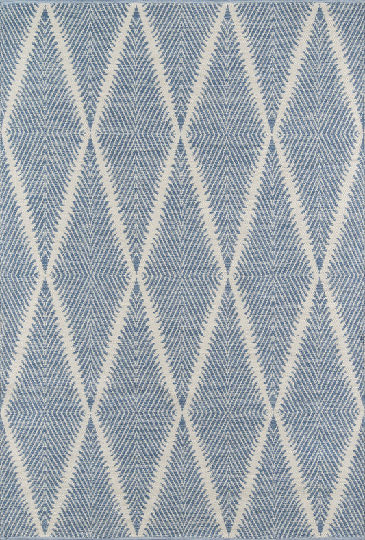 Blue and cream diamond lattice woven textile; geometric rug or throw for home decor.
